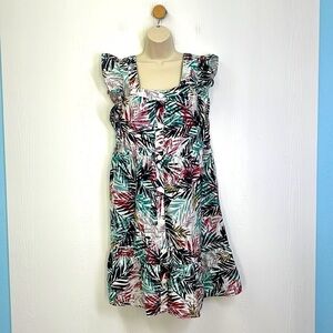Beachlunchlounge - Colorful Bright Palm Leaves Button Up Midi Dress Size Small